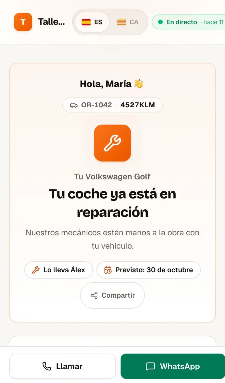 Página que ve el cliente del taller en su móvil: su coche está en reparación, en castellano o catalán.