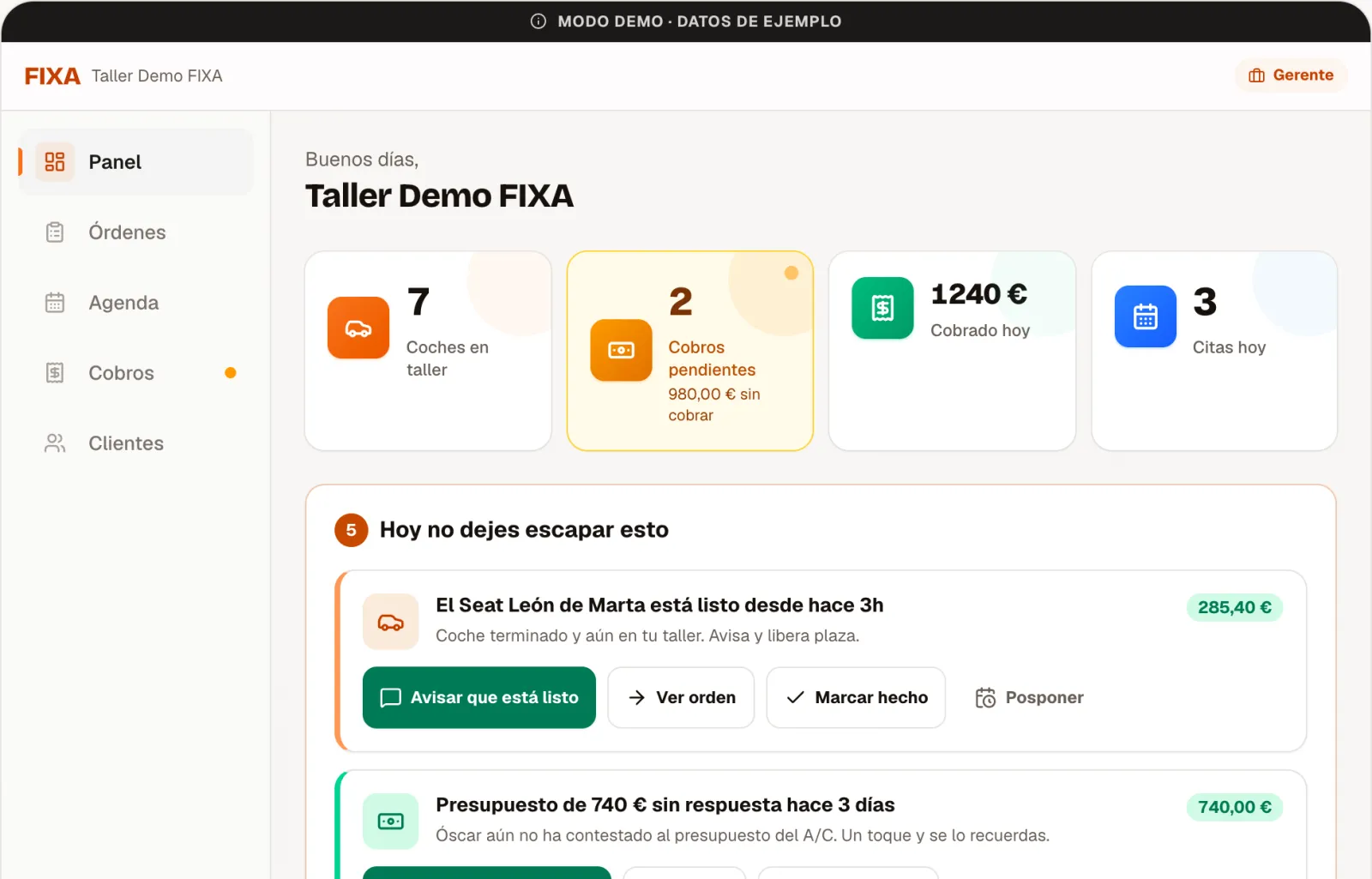 Panel del jefe en FIXA, con datos de ejemplo: coches en taller, cobros pendientes, lo cobrado hoy, citas y la lista de avisos del día.