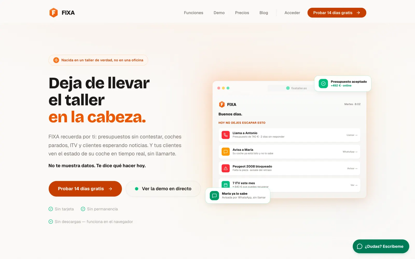 Portada de la web de FIXA: «Deja de llevar el taller en la cabeza», con una vista de los avisos del día.