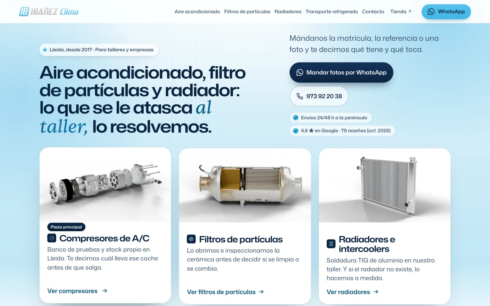 Portada de la web de IBAÑEZ CLIMA en el ordenador: titular sobre aire acondicionado, filtros de partículas y radiadores, y tres piezas en 3D.