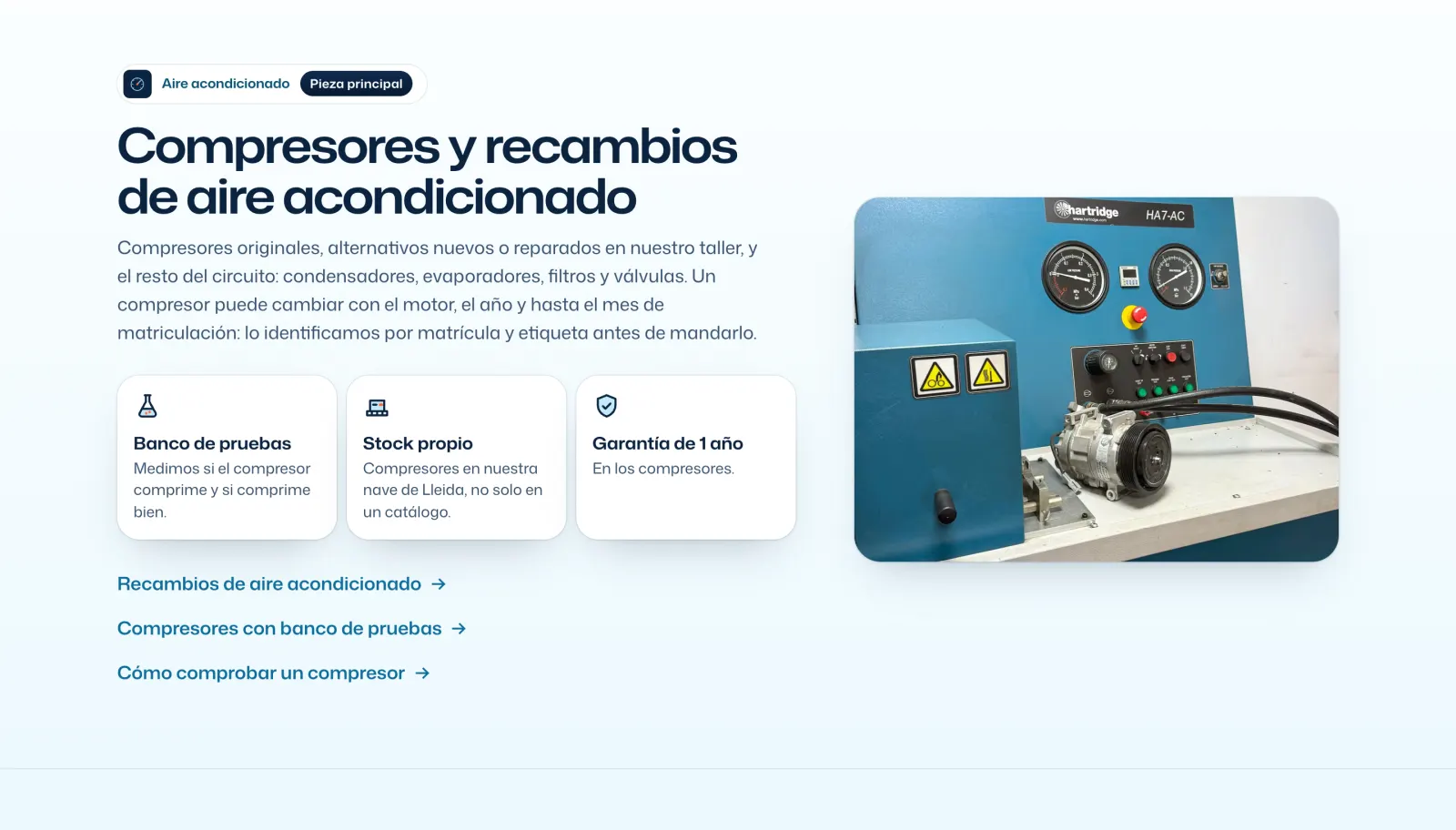 Página de compresores de aire acondicionado de IBAÑEZ CLIMA: banco de pruebas, stock propio y garantía, con la foto del banco de pruebas.