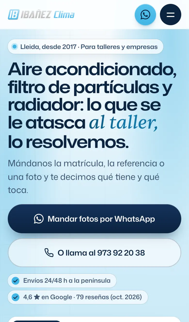 La misma web de IBAÑEZ CLIMA en un móvil, con el botón de mandar fotos por WhatsApp.