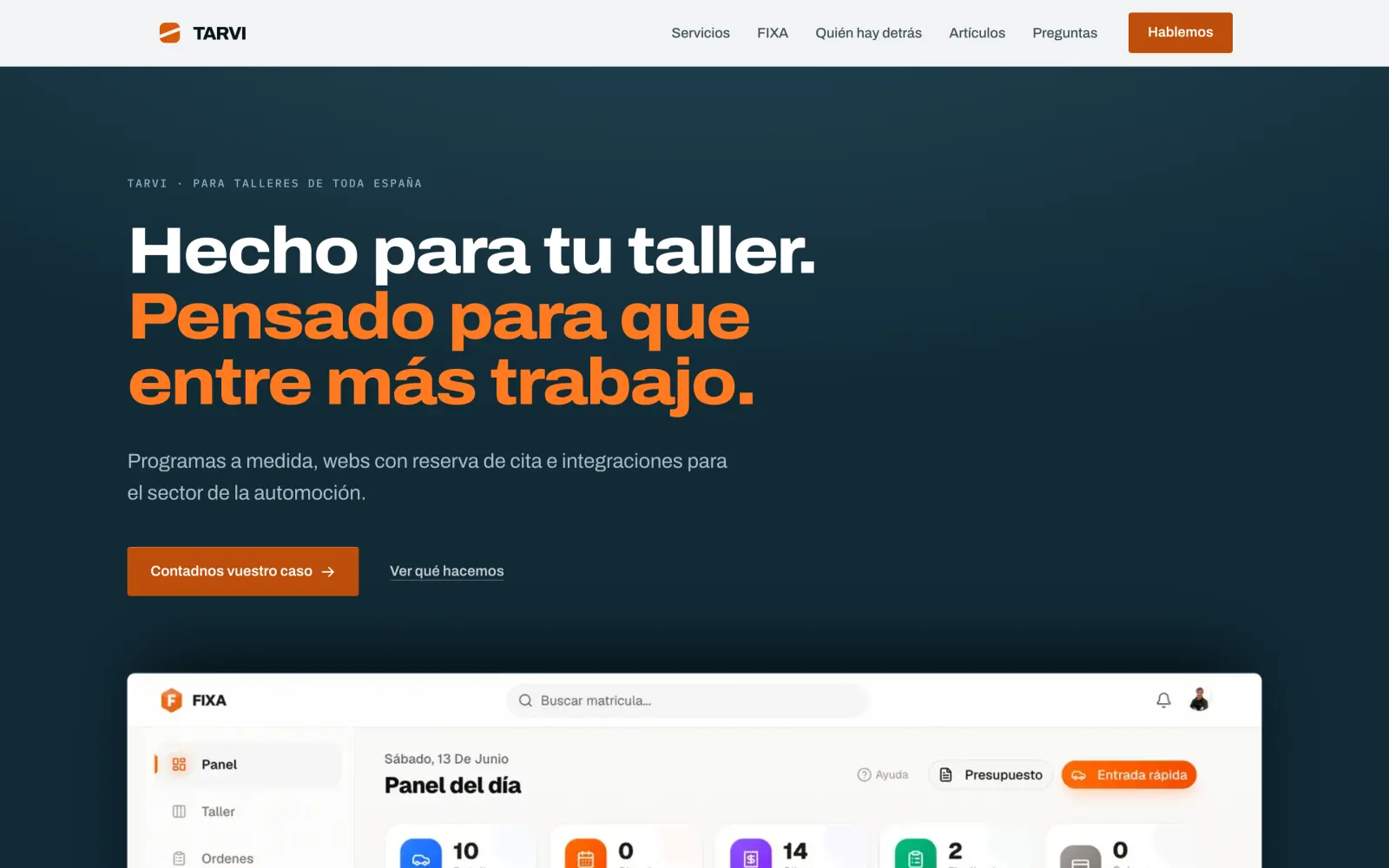 Portada de la web de Tarvi en el ordenador: «Hecho para tu taller. Pensado para que entre más trabajo.»