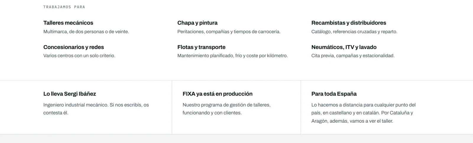 Sección de la web de Tarvi: para quién trabaja (talleres, chapa y pintura, recambistas, concesionarios, flotas, neumáticos) y quién hay detrás.
